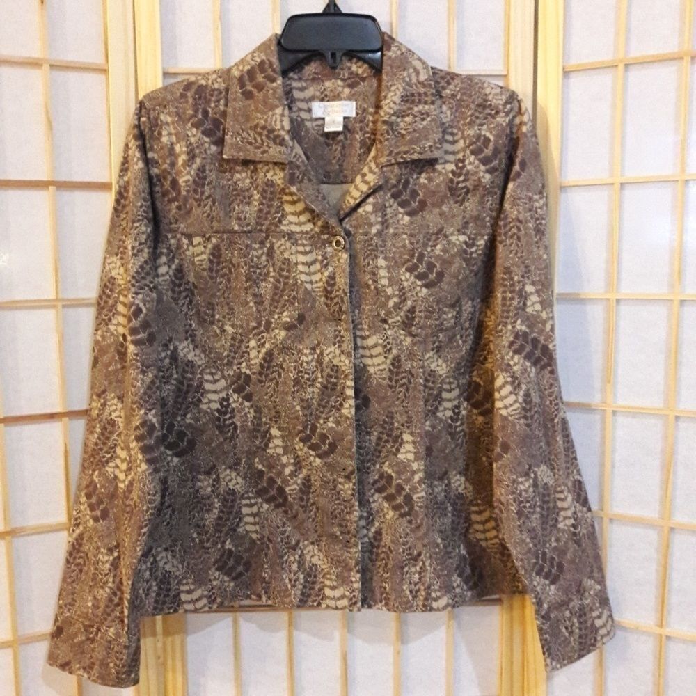 Christopher & Banks Jacket Beige Brown Leaf Print